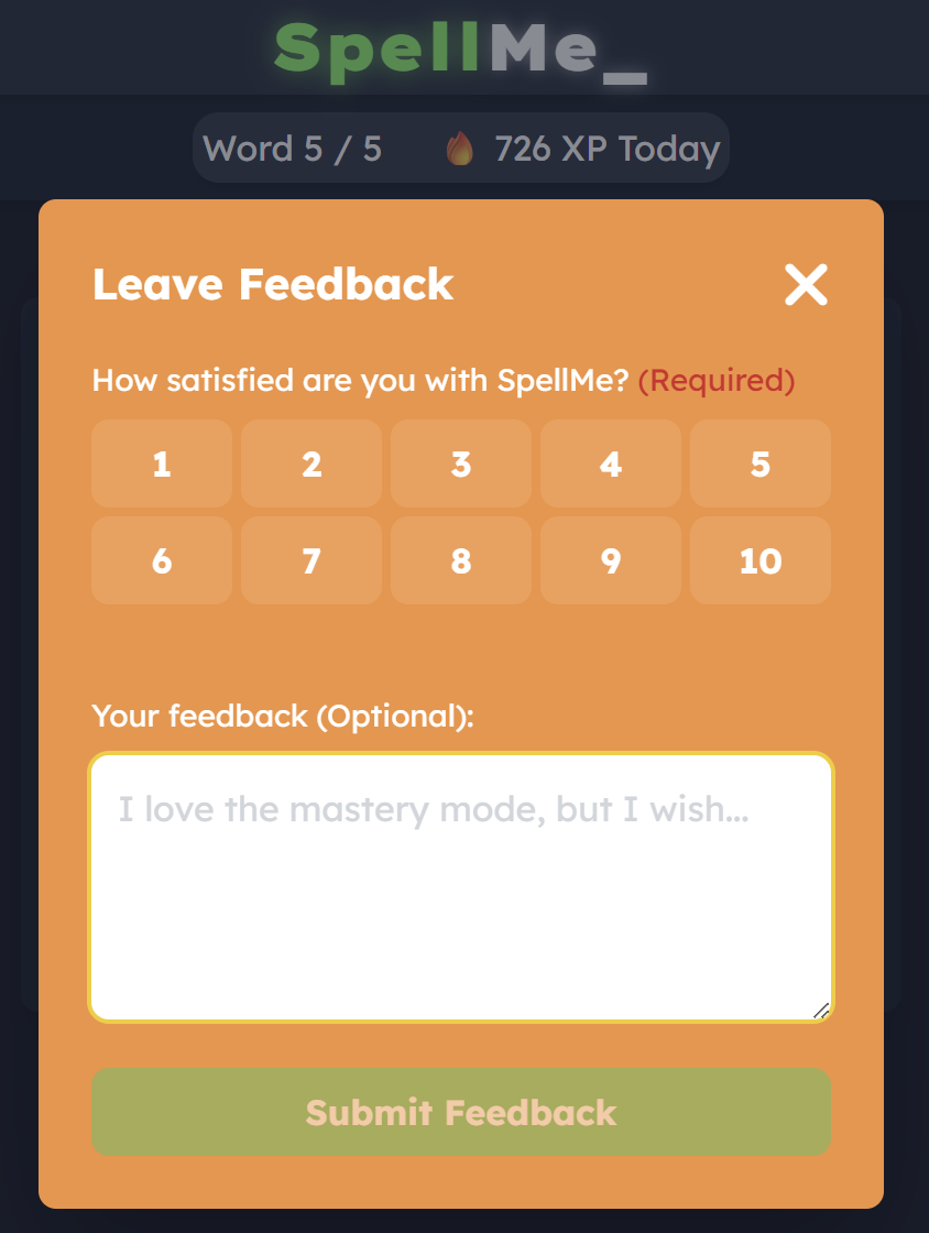 Screenshot of the feedback window on SpellMe