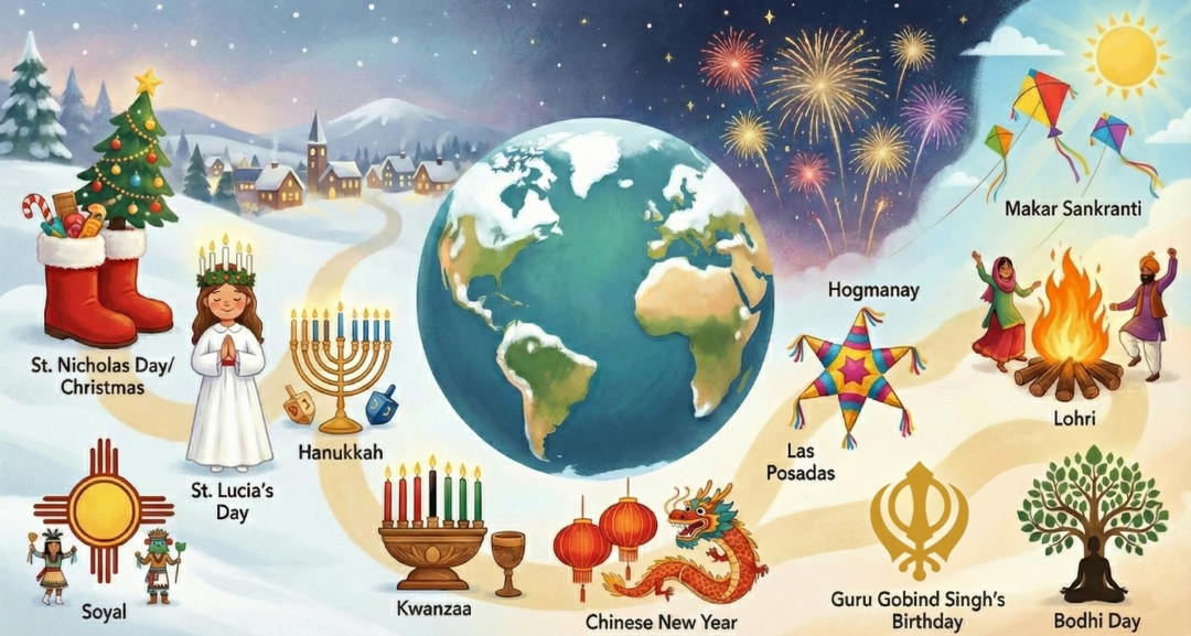A picture of the Earth with symbols of the winter festivities around it