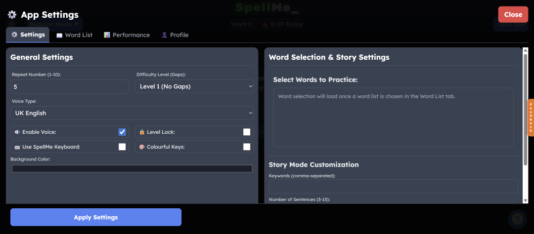 Screenshot of the updated settings user interface