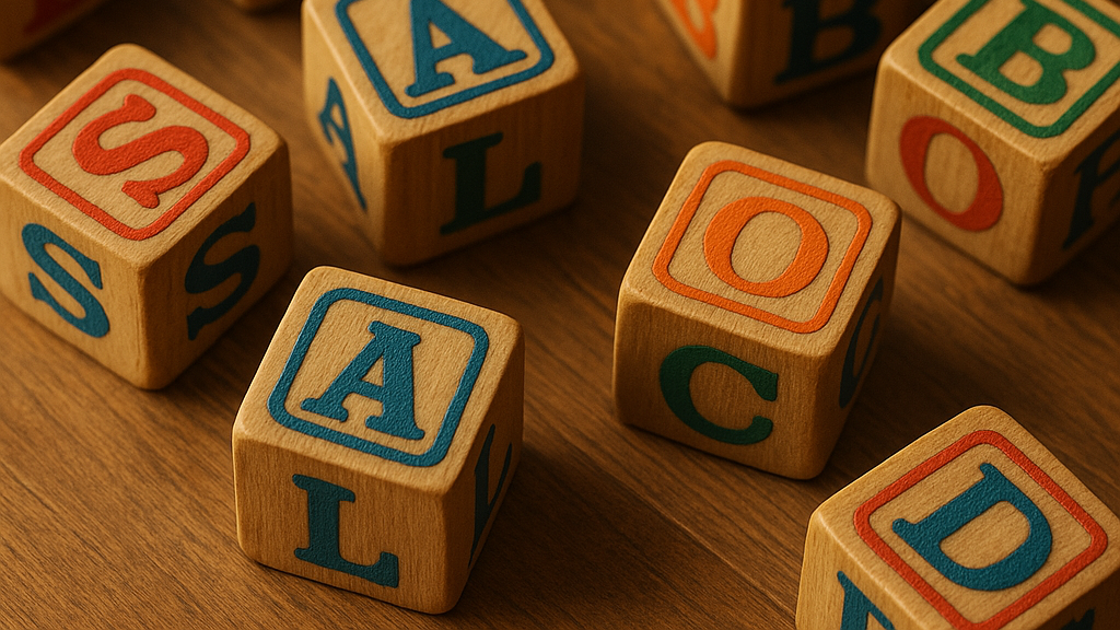 Image of spelling blocks made out of wood with letters on them